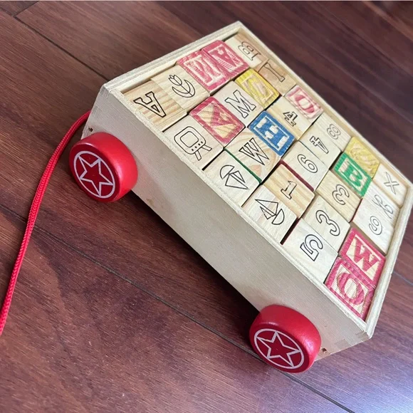 Vintage wooden baby blocks primary colors numbers letters objects pull along bin - Picture 4 of 7